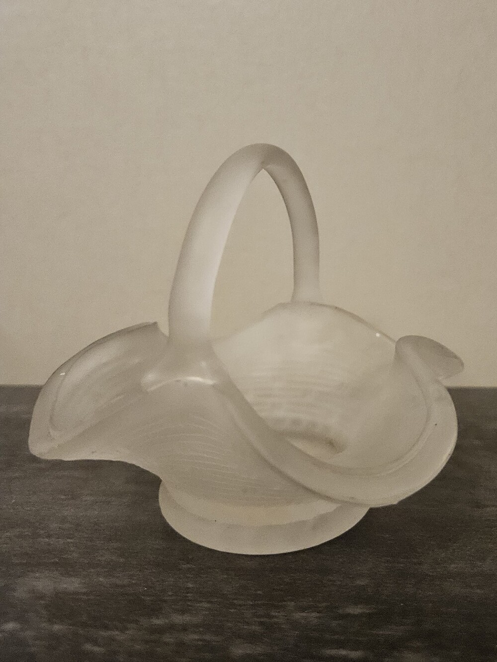 Vintage Frosted Satin Glass Handled Basket Candy Dish